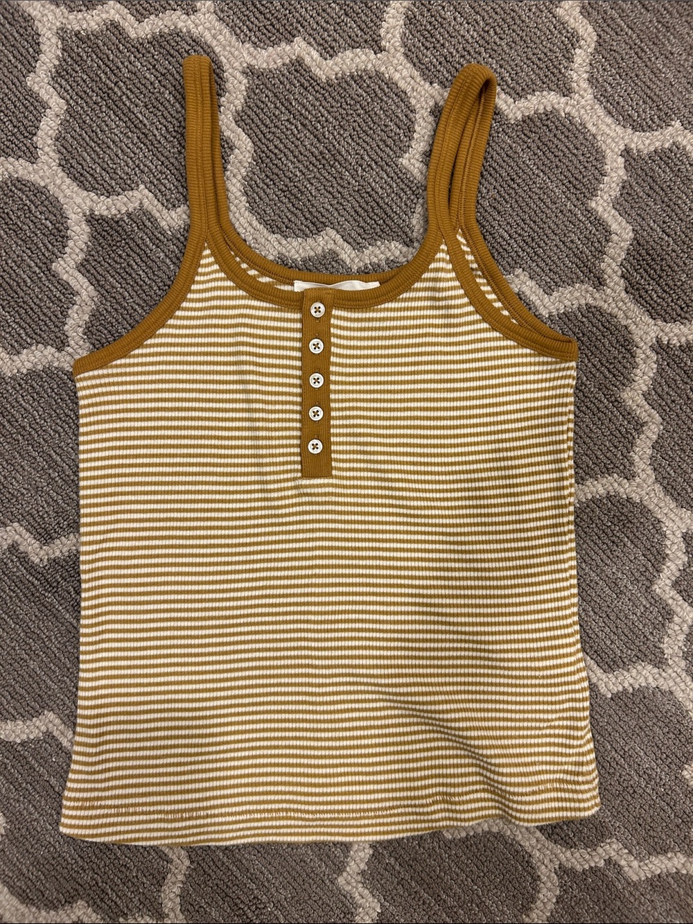 THE GREAT. Mustard and White Striped Ribbed Henley Tank